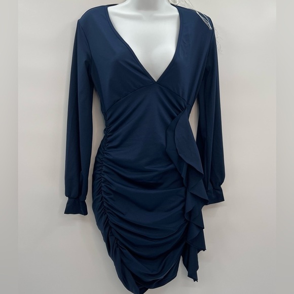 Dresses Dark Blue L Overlap Collar Ruched Draped Side Dress - NWOT (Size Small) - Picture 3 of 7